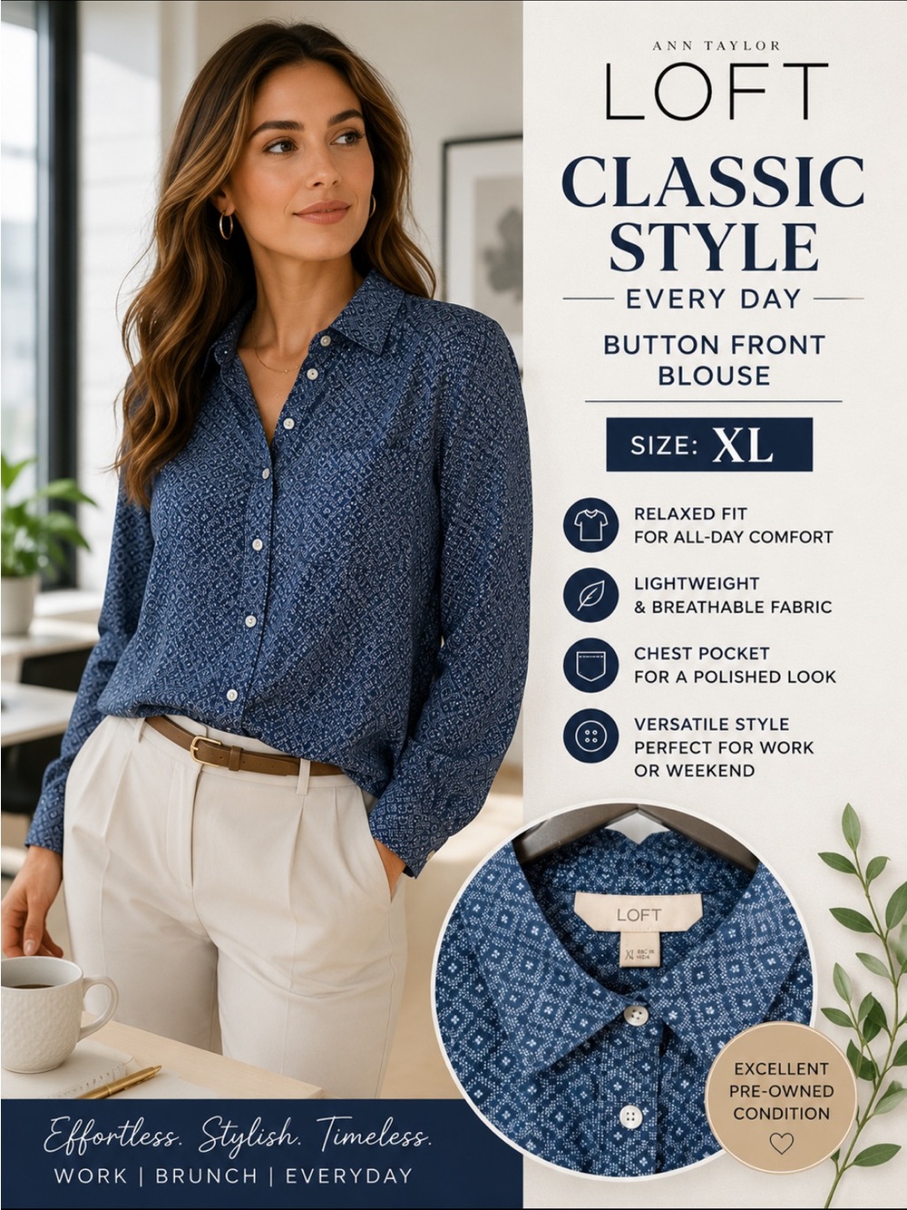 LOFT Blue Patterned Button-Front Blouse